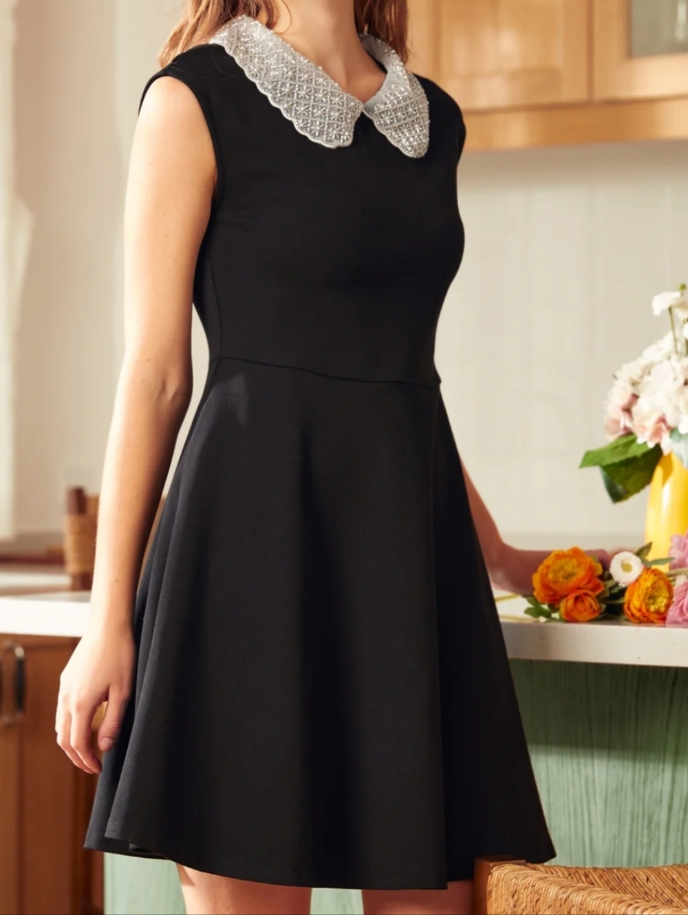 ModCloth NEW 1X Vinyl Vibes Jeweled Collar Fit & Flare Dress Black
